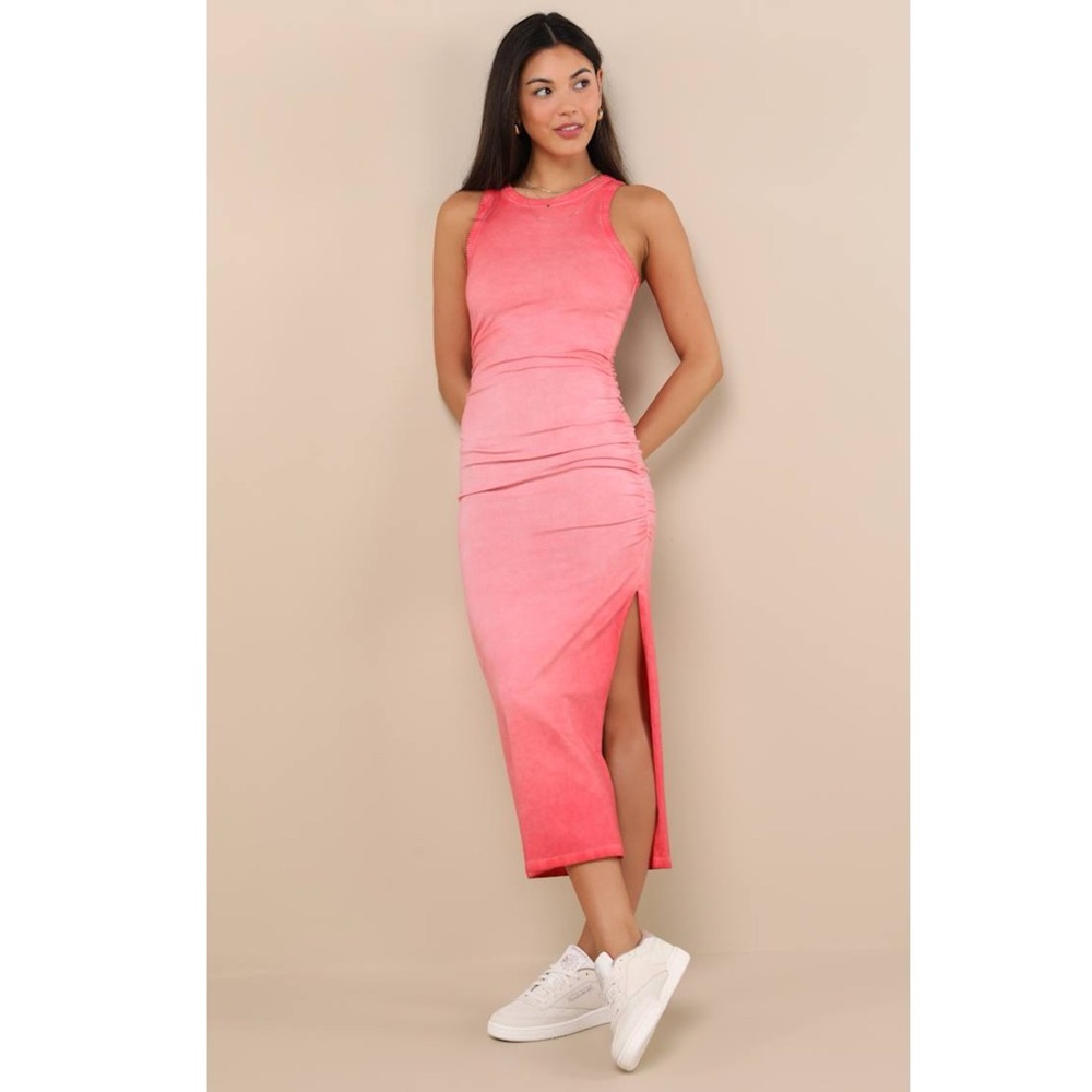 Lulus Lavina Washed Red Bodycon Midi Dress Ruched Jersey Cotton NWT XS